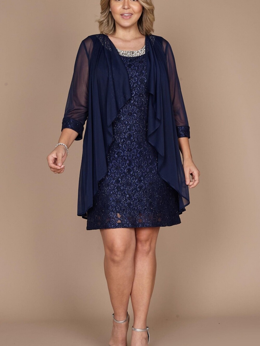 R&M Richards Sparkly Lace Overlay Dress with Sheer Jacket